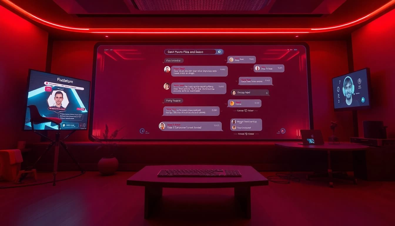 Porn chat interactive online atmosphere with vibrant chatroom graphics and avatars.