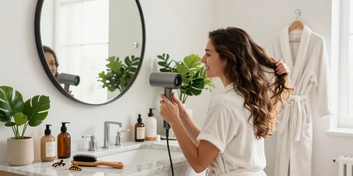 Using a small hair dryer in a bright bathroom for effortless hair styling