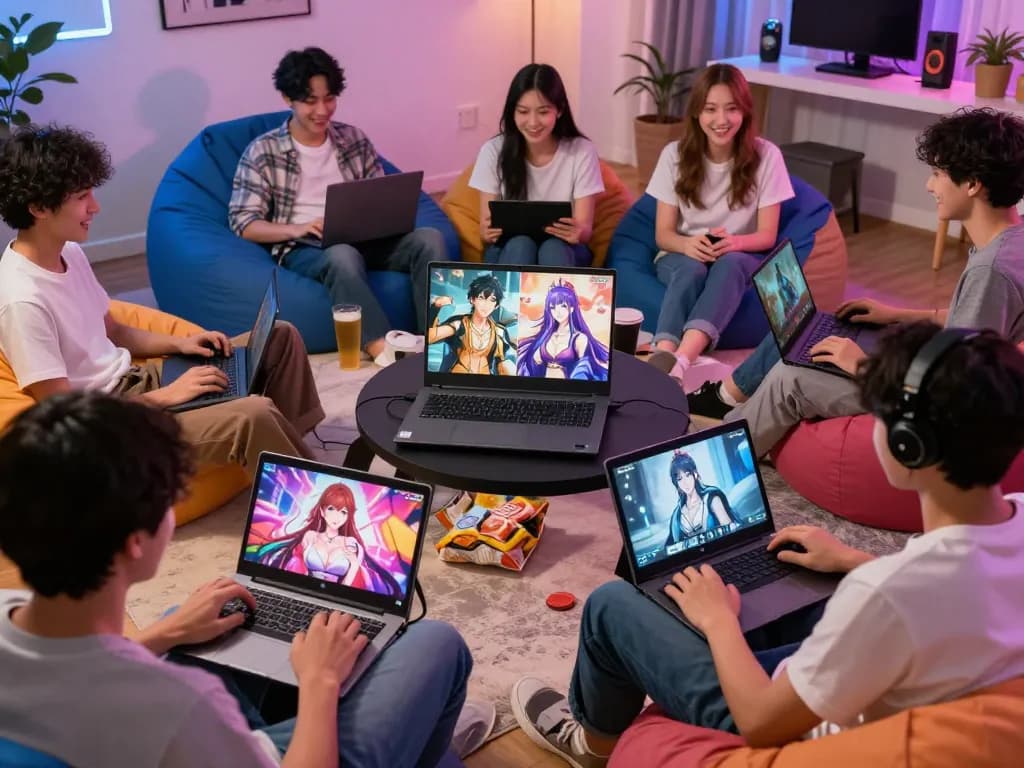 Players enjoying sex game online with diverse genres on multiple devices and vibrant atmosphere.