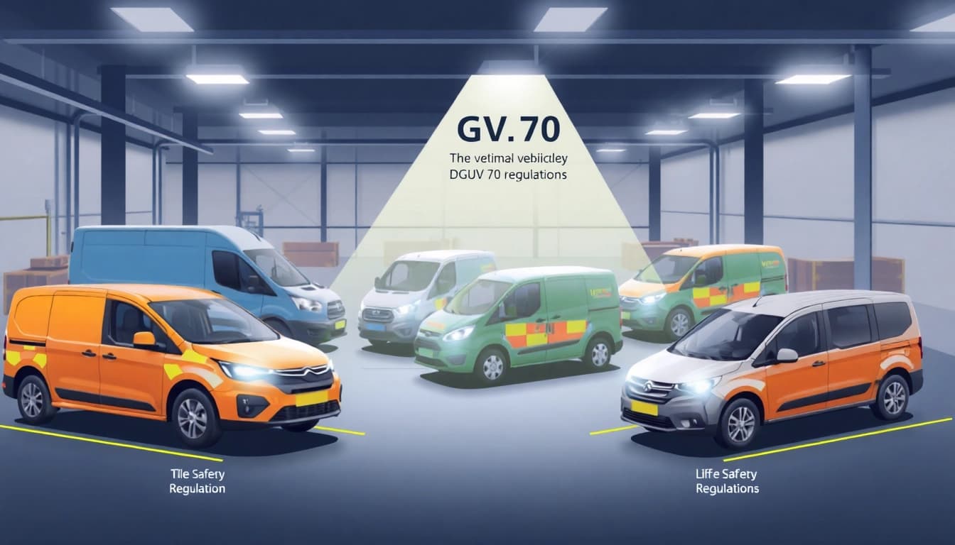 Showcase vehicles adhering to DGUV 70 safety standards in a professional environment.