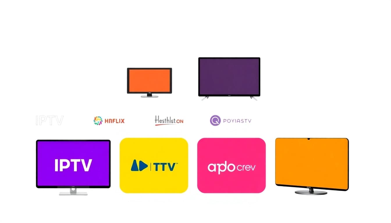 Highlight IPTV Anbieter with a dynamic montage of devices and logos showcasing IPTV service options.