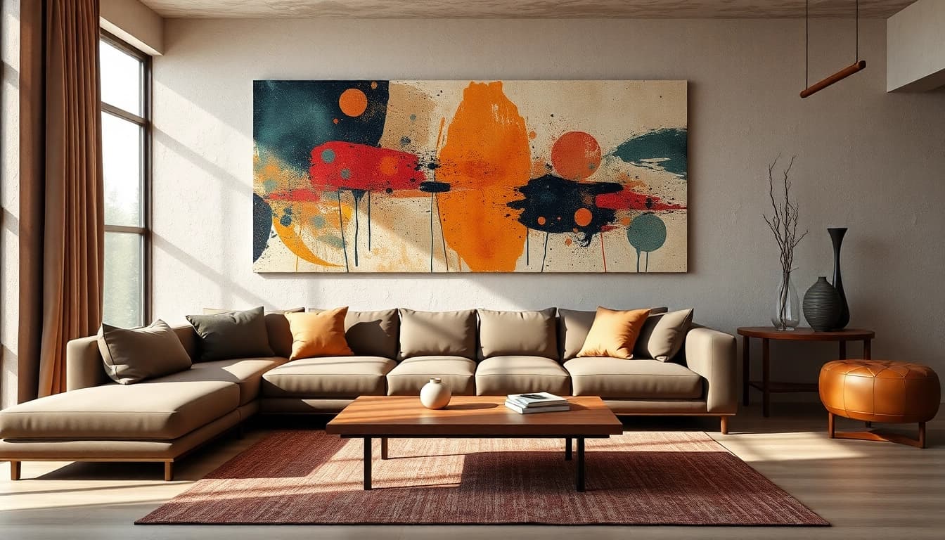 Moderne wandbilder im Fokus eines stilvollen Wohnzimmers mit abstrakt gestaltetem Kunstwerk.