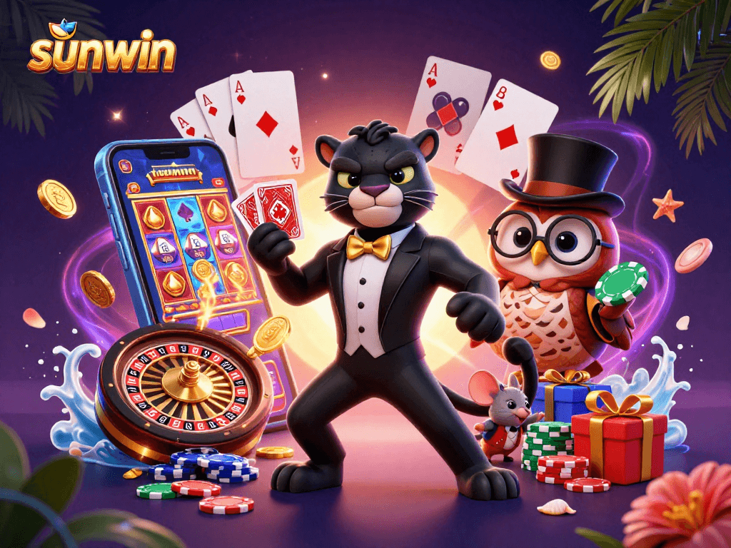 Engage in thrilling gaming with sunwin, featuring a stylish panther dealer and vibrant casino elements.