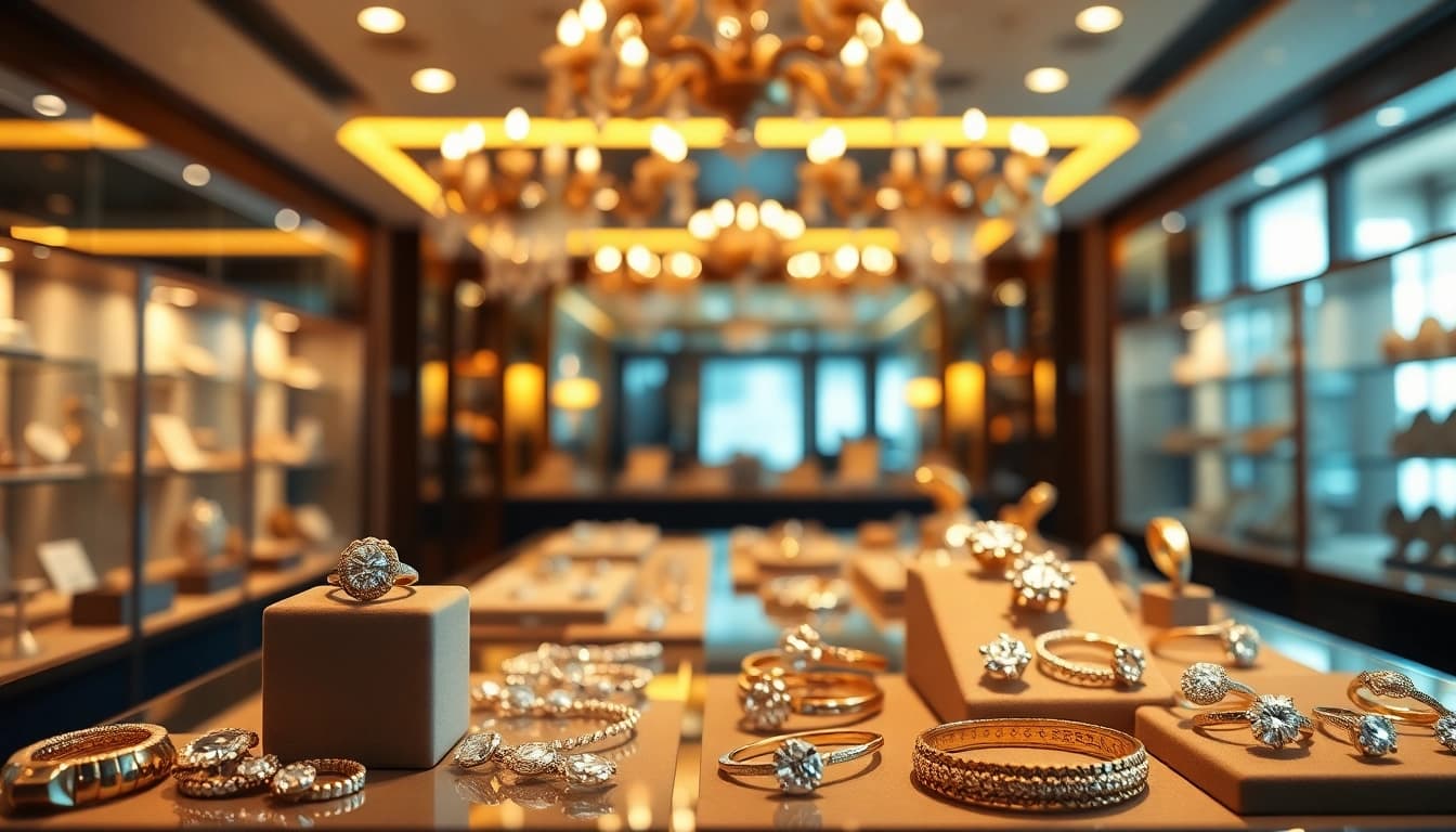 Luxury jewelry display showcasing exquisite diamond and gold pieces illuminated elegantly.