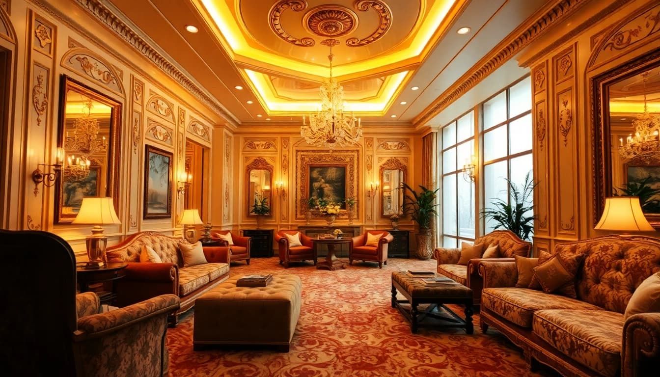 Indulge in a luxury atmosphere with elegant furnishings and captivating golden lighting.