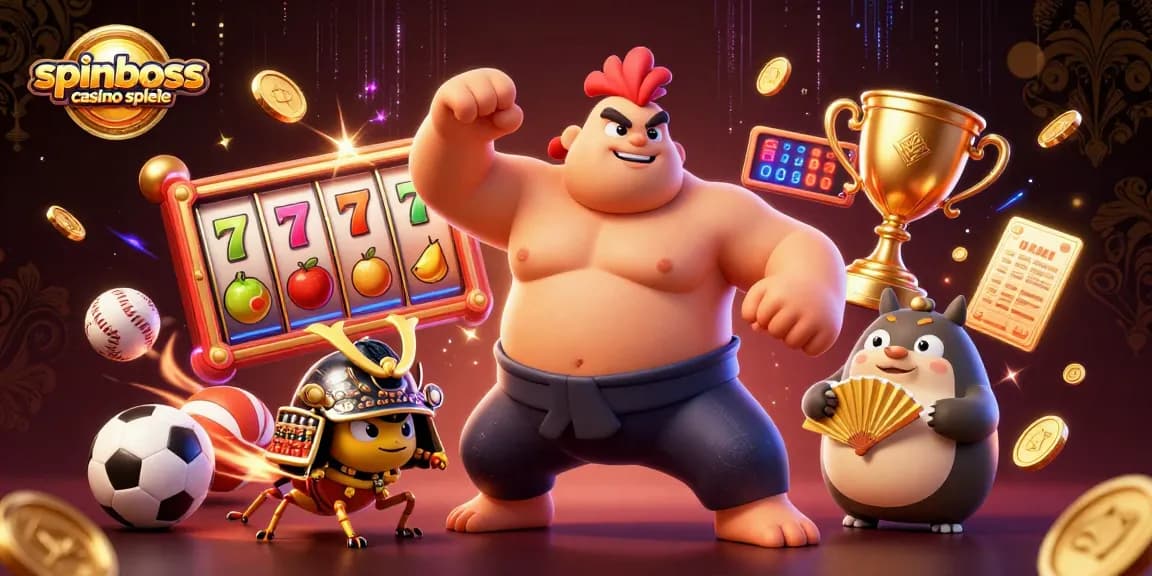 Ein spannendes Szenenbild mit spinboss casino spiele, das einen Sumo-Hahn, eine Samurai-Grille und einen Tanuki-Moderatoren zeigt.