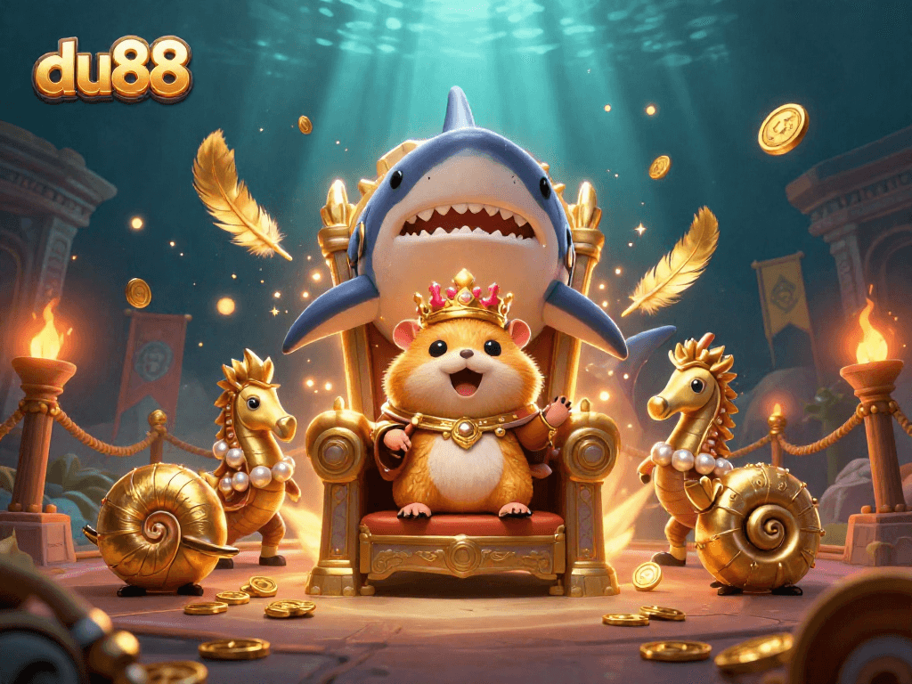 Experience the excitement of du88 with a fierce golden hamster king in a vibrant casino scene.
