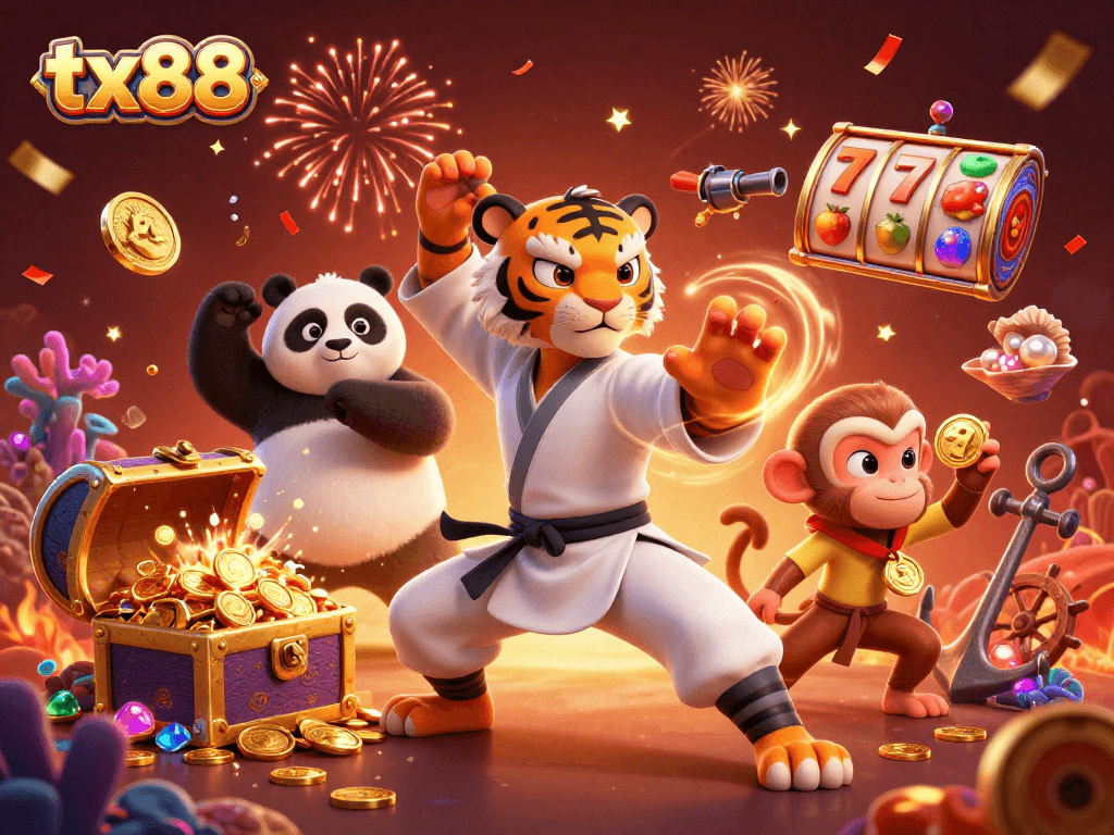 Experience thrilling moments with tx88, showcasing a kung fu tiger amidst vibrant casino elements.
