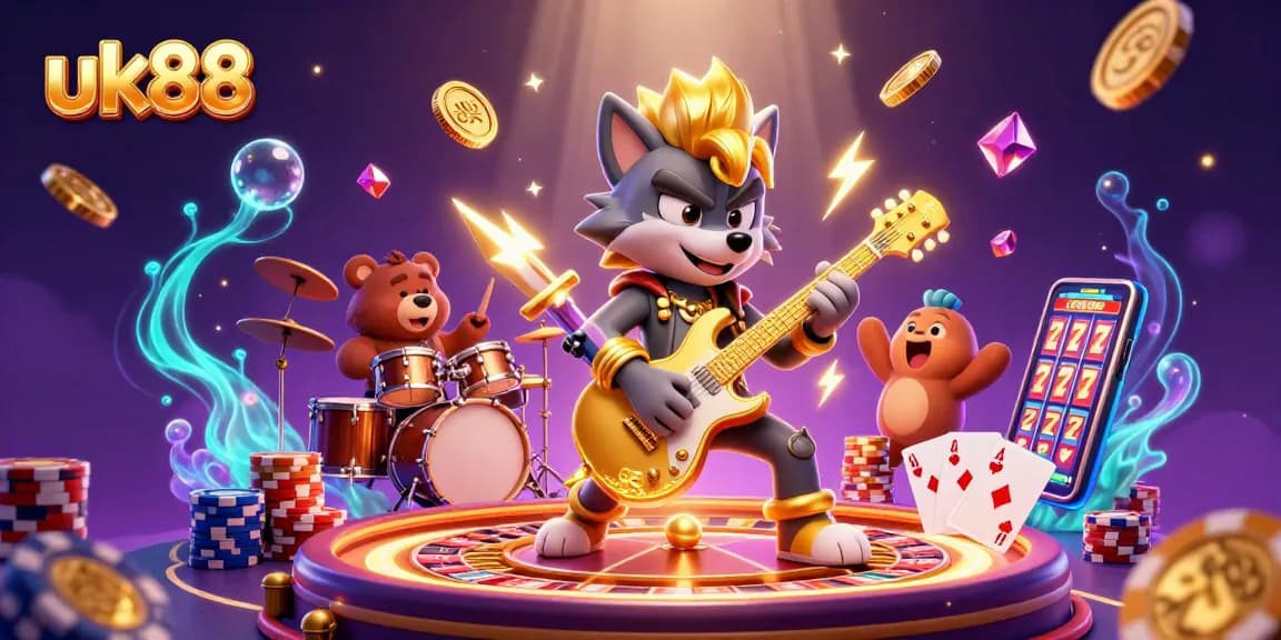 Experience thrilling casino action with uk88: a vibrant 3D illustration featuring a wolf guitarist and dynamic casino elements.