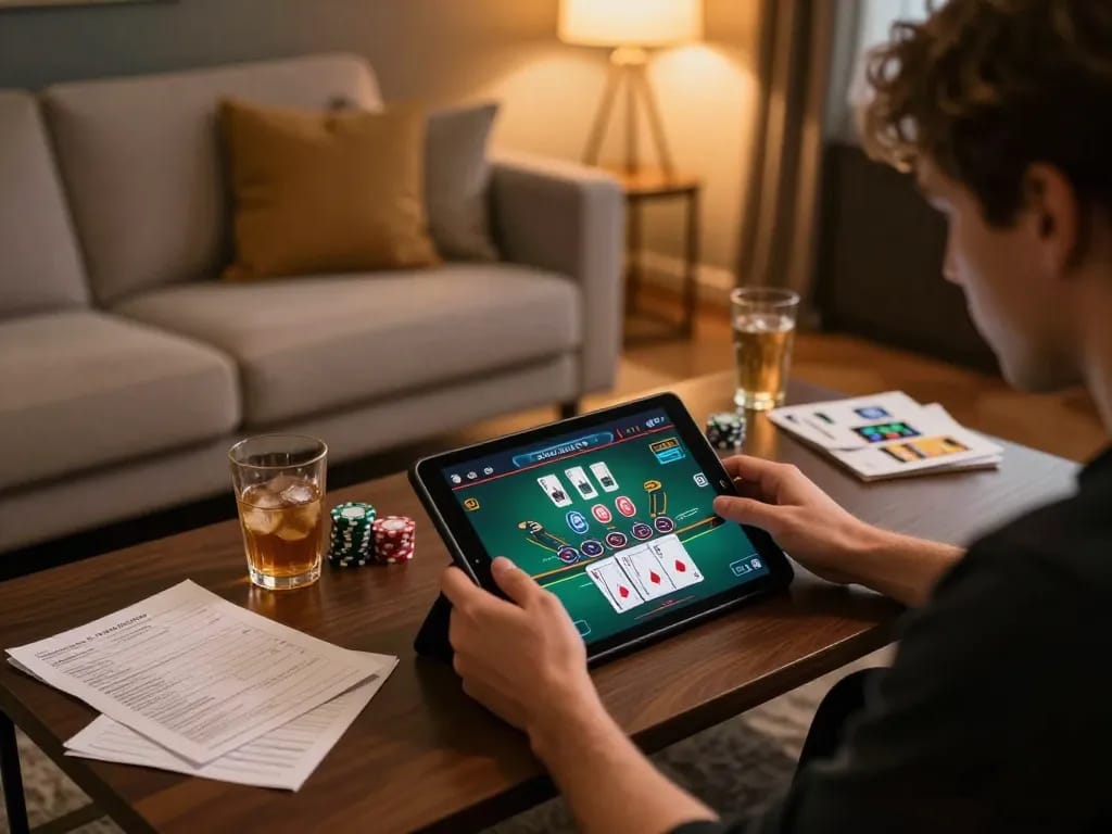 Player engaging in a blackjack game on tablet at home, showcasing bj88bj online casino experience.