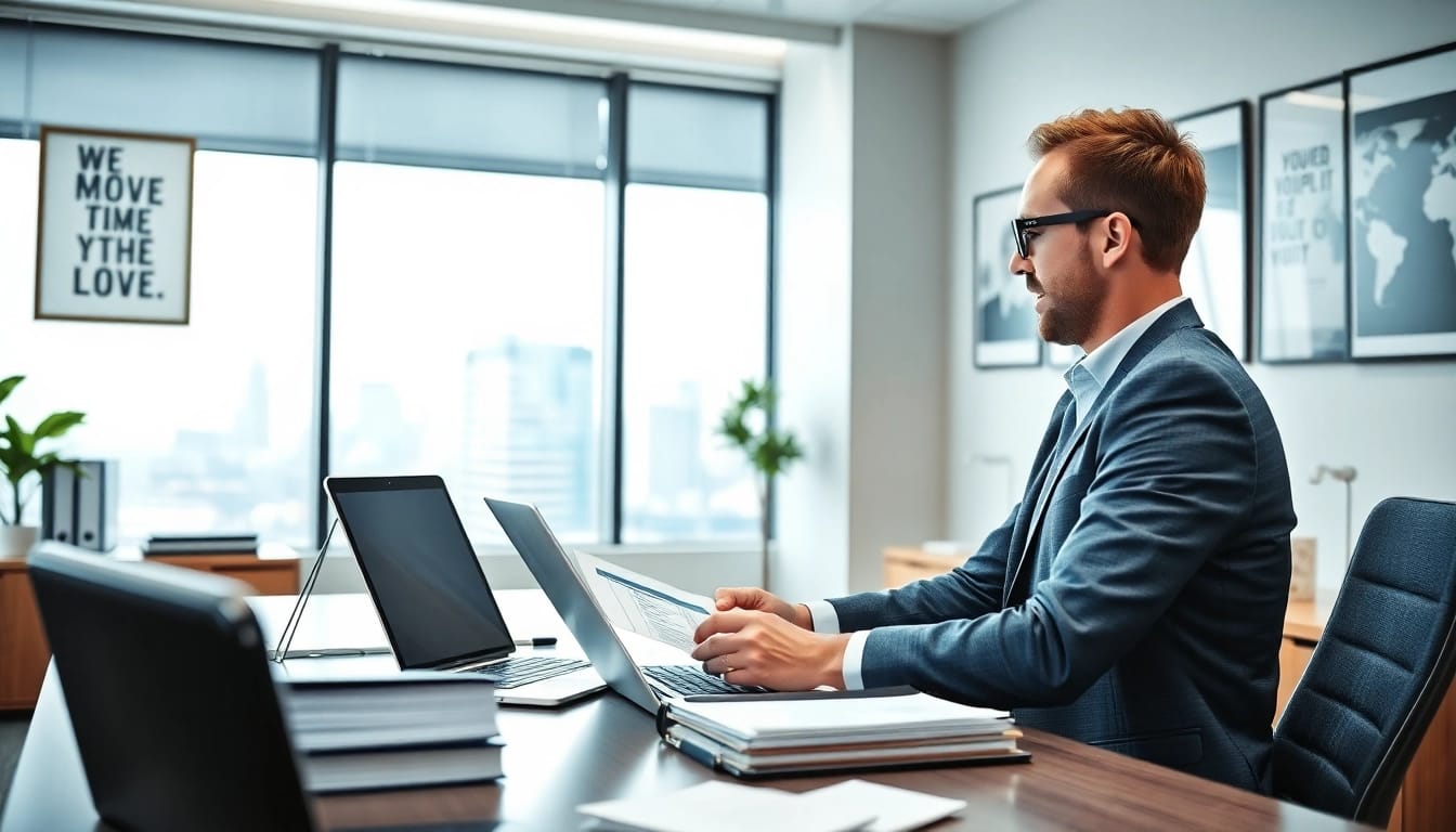 Professioneller Headhunter Schweiz, der in einem modernen Büro mit Lebensläufen arbeitet.