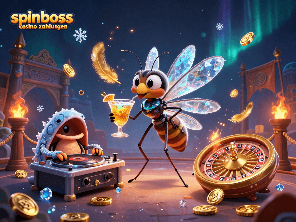 Spinboss Casino Zahlungen - lebendige Illustration eines lebendig gewordenen Moskitos als Casino-Maskottchen