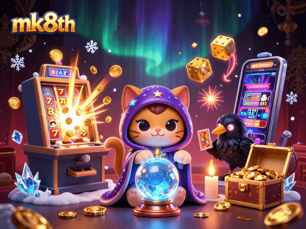 Experience thrilling gambling with mk8th's vibrant casino scene featuring fortune teller cat, raven, and explosive jackpot.