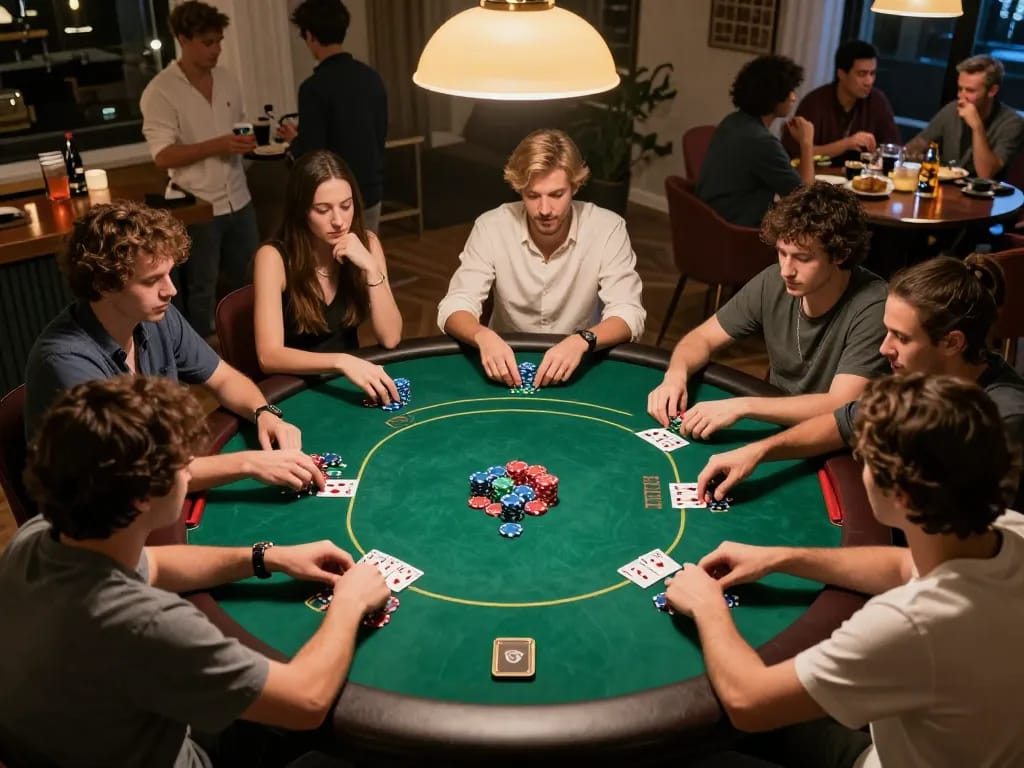 Playing poker with friends during an exciting home game night at mb668, vibrant chips and cards creating a thrilling atmosphere.