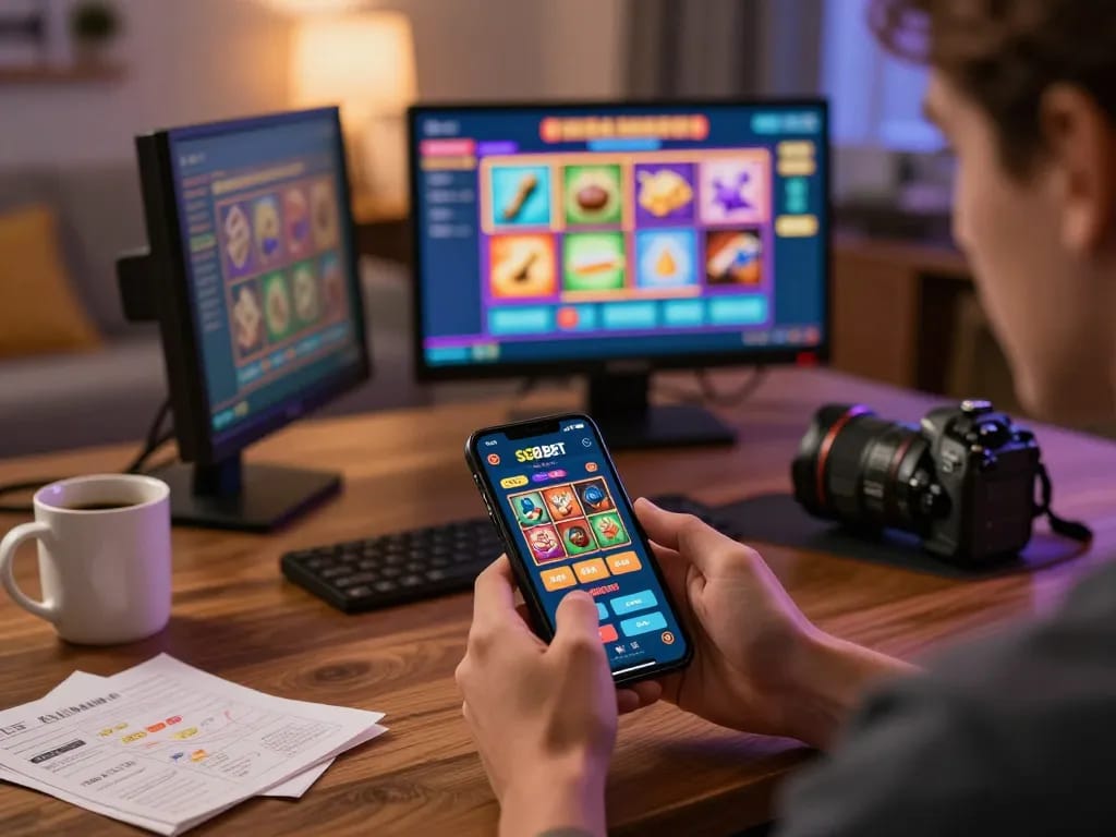 Engaging with SC88 BET app on smartphone in a cozy home setting, showcasing online gaming experience.