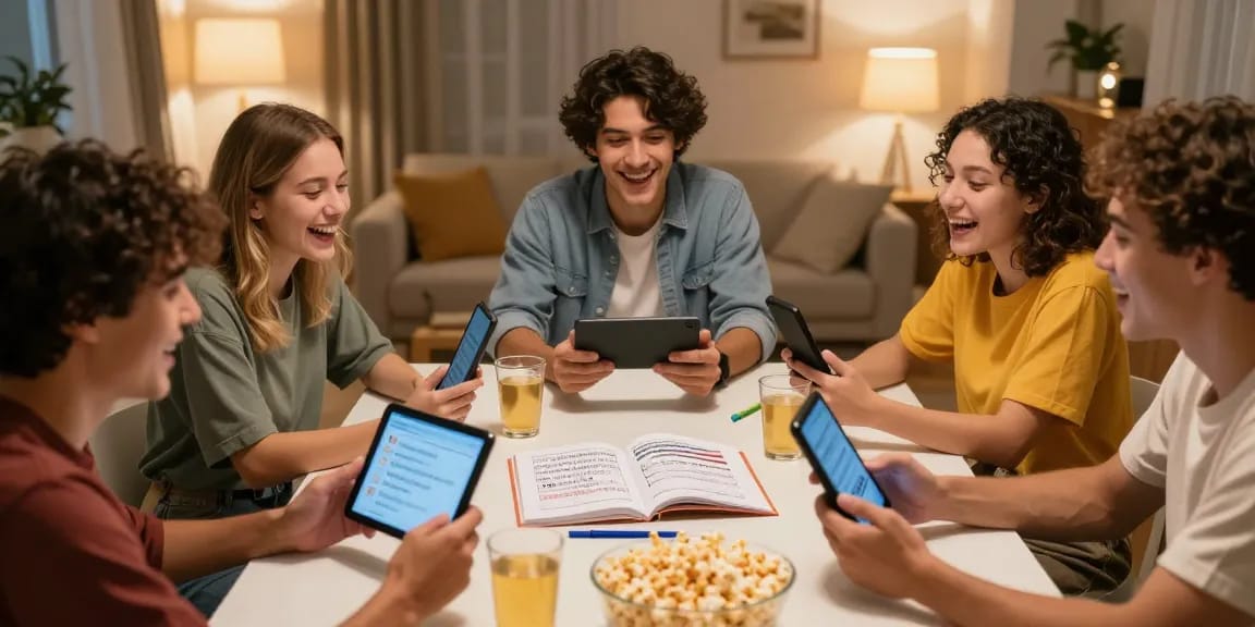 Quiz Allgemeinwissen Nacht mit Freunden, die fröhlich Fragen beantworten und Spaß haben.