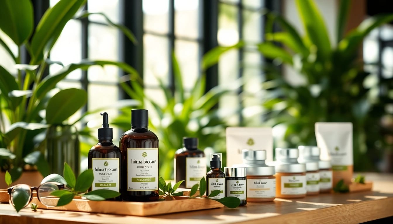 Hilma biocare Produkte in einem eleganten Wellness-Bereich mit reichlich Grün und natürlichem Licht.