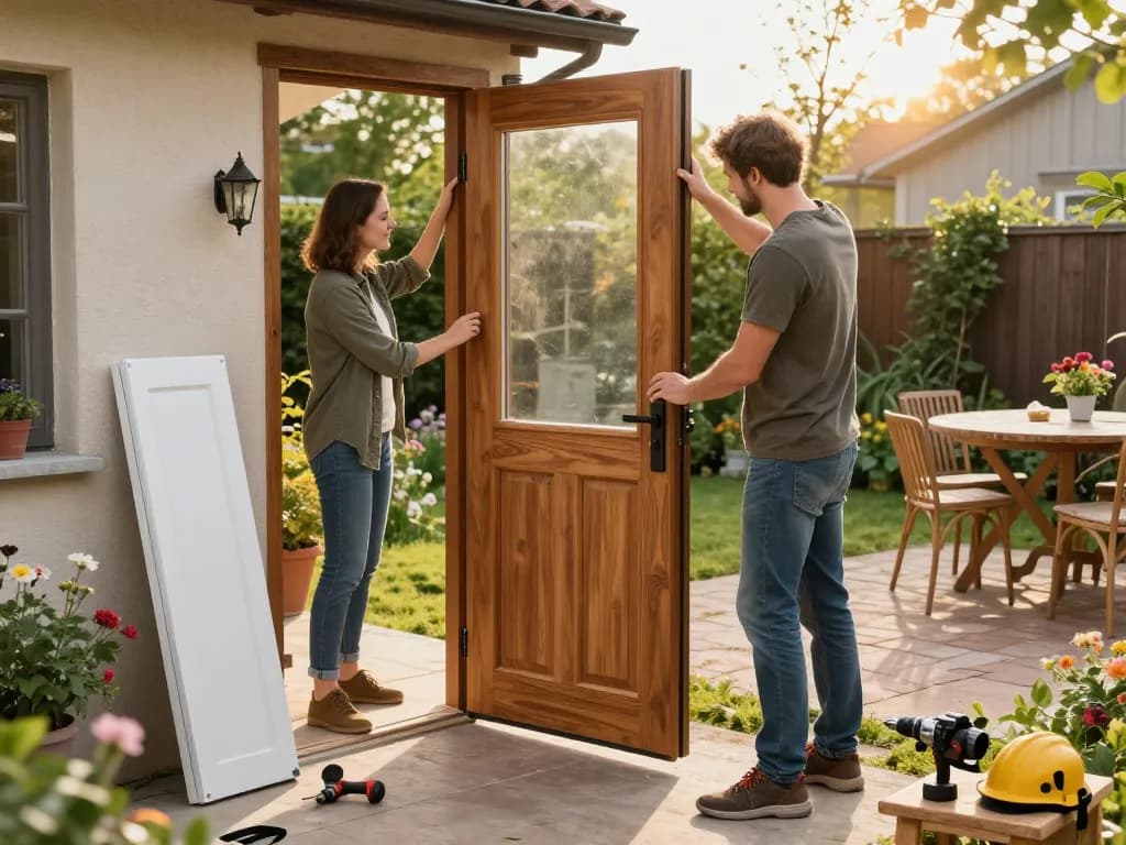 Hausbesitzer installiert eine nebeneingangstür im Garten, präsentiert Werkzeuge und einen gemütlichen Garten.