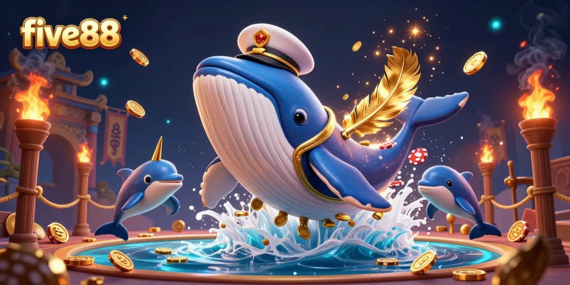 Experience the five88 excitement with playful dolphins and a majestic whale amidst vibrant casino elements.