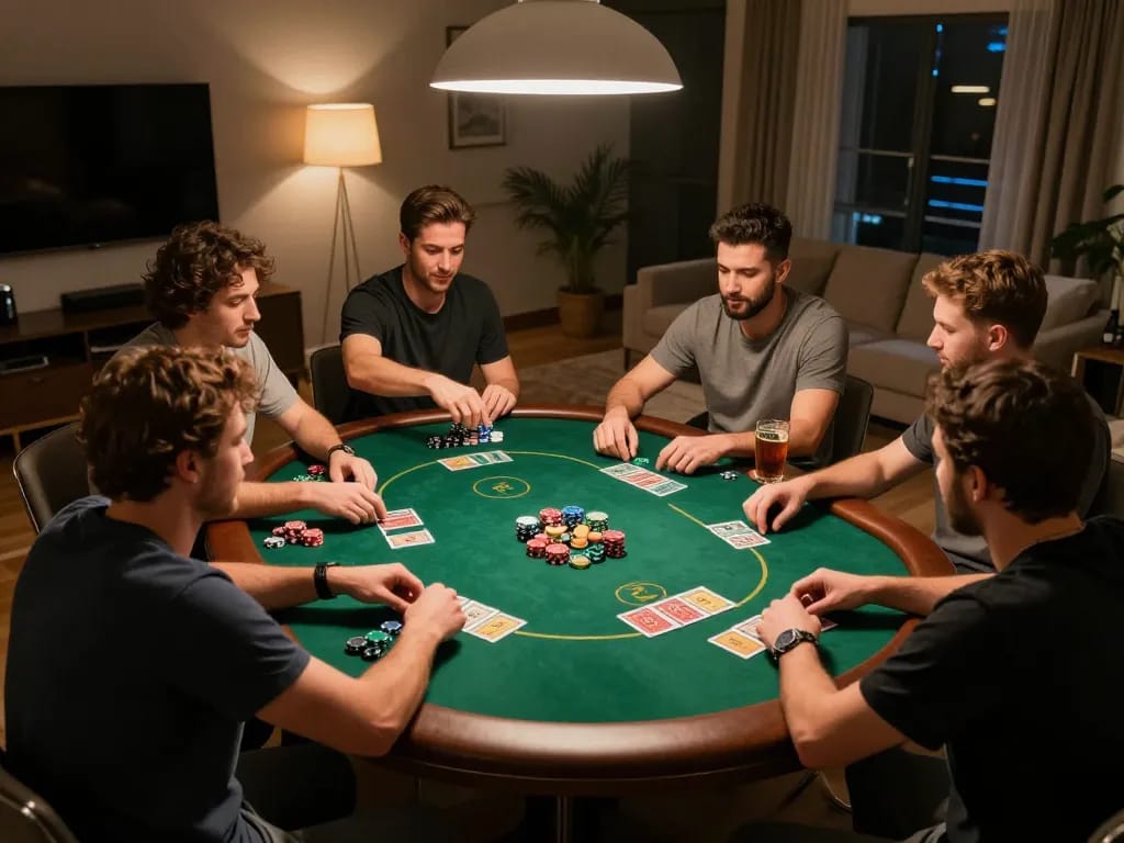 Players strategizing during an intense poker game session at mk8th home setup