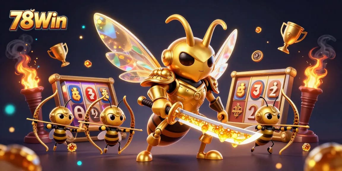 Engage in thrilling gameplay at 78Win with vibrant 3D graphics, dynamic slot reels, and golden trophies.