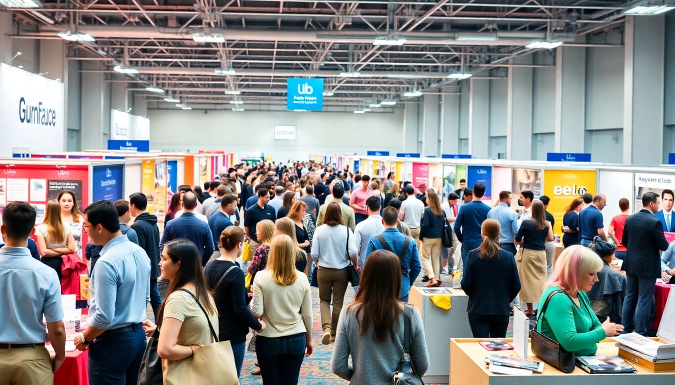 Networking at job fair showcasing Stellenangebote in various industries with diverse participants.