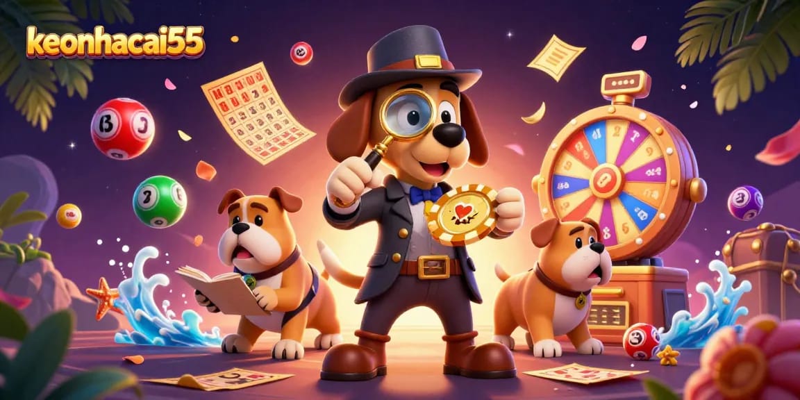 Engage with keonhacai55 in a vibrant 3D casino illustration showcasing a bloodhound detective and exciting game elements.