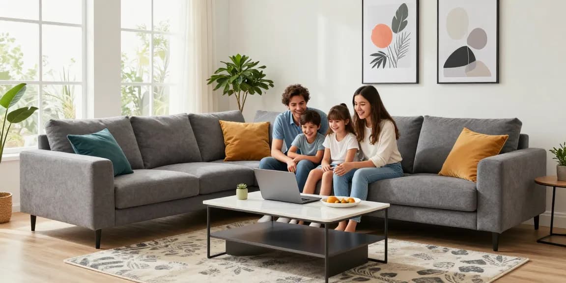 Familie genießt quality time auf einem stilvollen Sofa, während sie wohnmöbel online kaufen.
