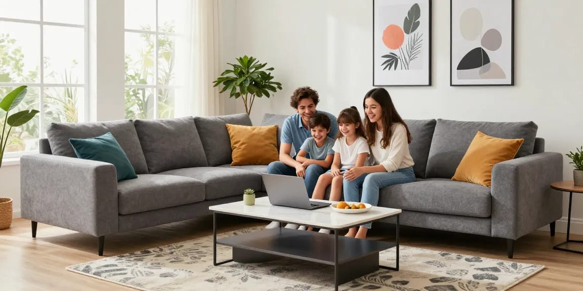 Familie genießt quality time auf einem stilvollen Sofa, während sie wohnmöbel online kaufen.