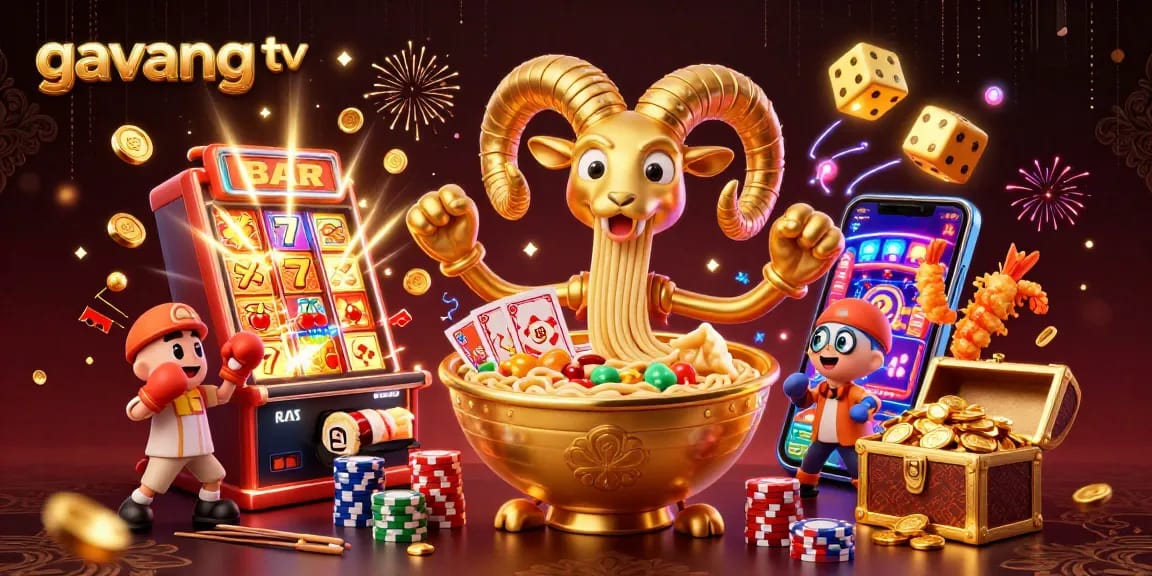 Engage with the dynamic world of Gavang TV while experiencing vibrant casino elements in a colorful illustration.