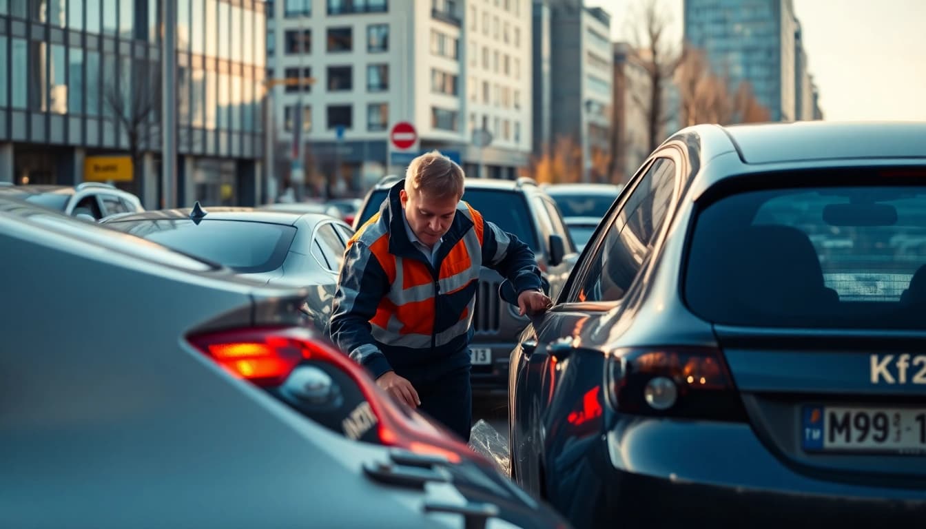 Kfz Gutachter Berlin performing a detailed vehicle inspection on-site after an accident.