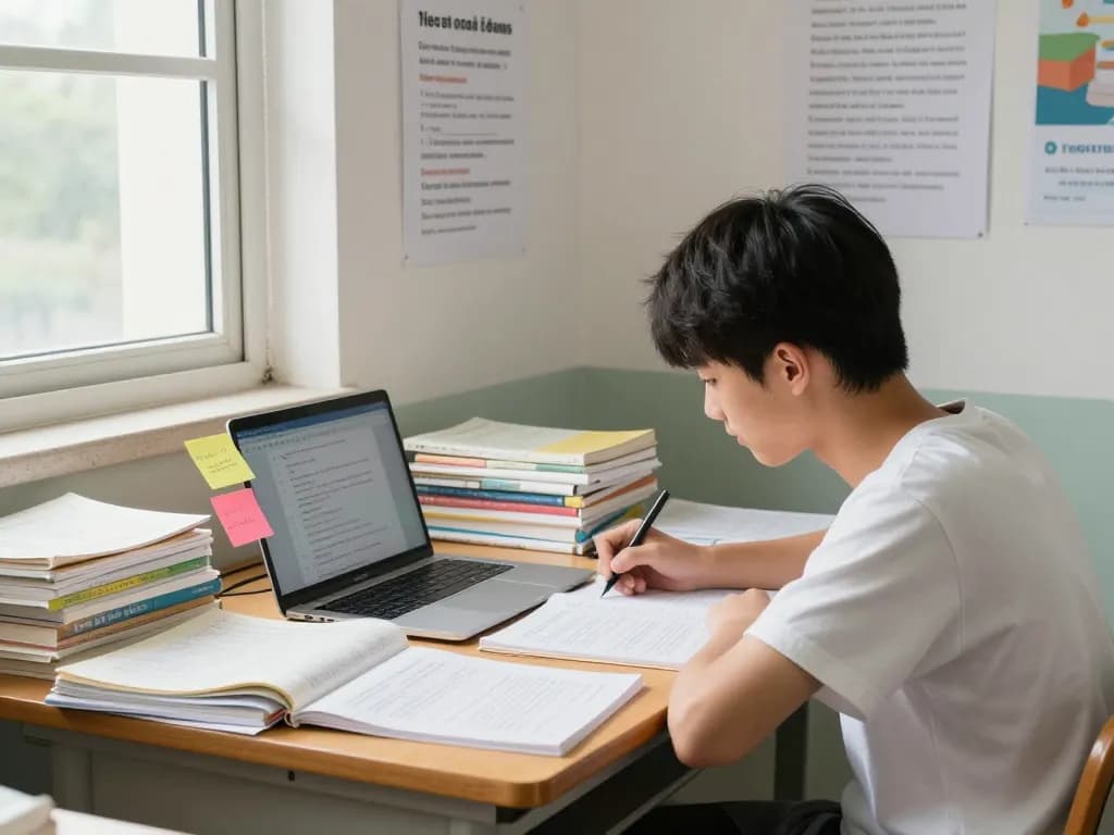 Student, der sich auf das Hausaufgaben Lösen an einem hellen Arbeitsplatz mit motivierenden Zitaten und Lernmaterialien konzentriert.