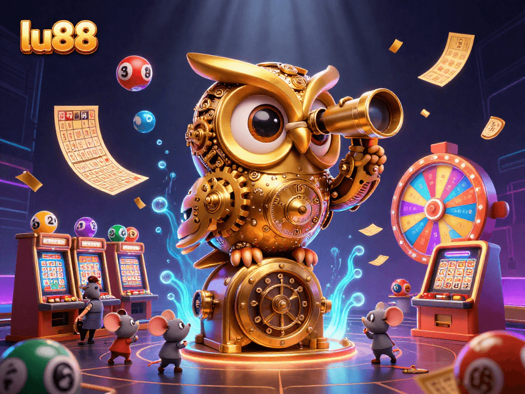 Playing games at LU88: a vivid, cartoonish scene filled with characters and lottery elements.