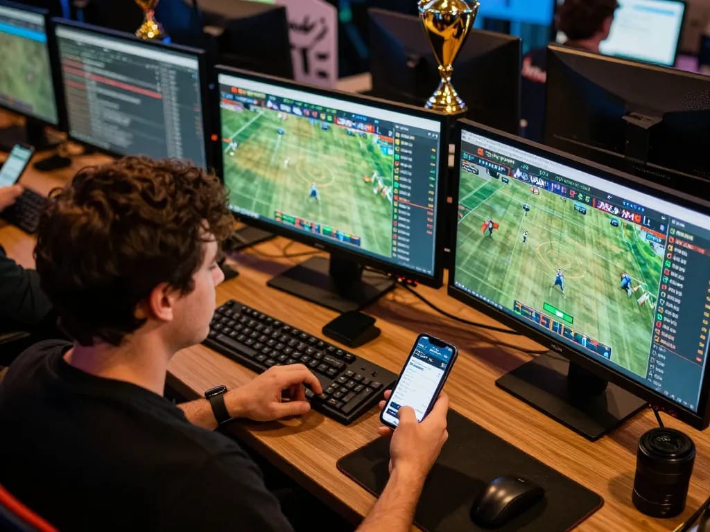 Engaged bettor analyzing mk 8 sports odds on multiple screens during live events.
