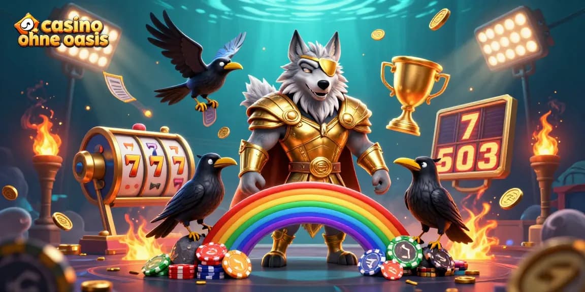 Experience the thrill of casino ohne oasis with a vibrant 3D illustration showcasing Odin and his ravens among dynamic gaming elements.