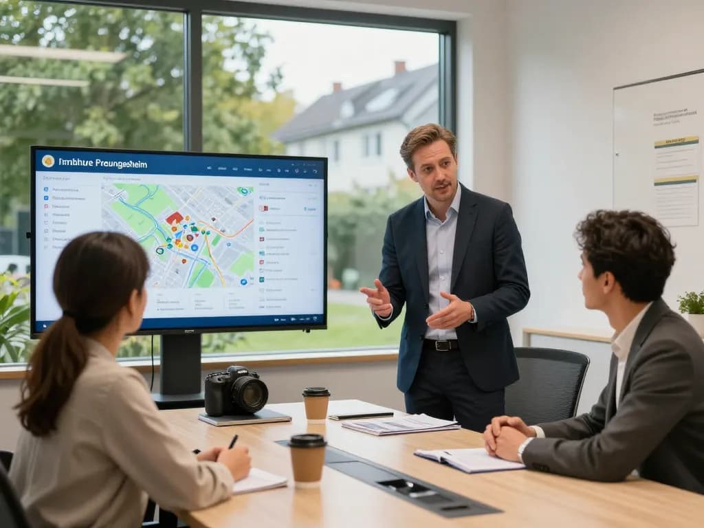 Engagierter Immobilienmakler Frankfurt Preungesheim bespricht Immobilienoptionen mit Klienten in einem modernen Büro.