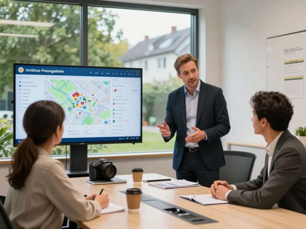 Engagierter Immobilienmakler Frankfurt Preungesheim bespricht Immobilienoptionen mit Klienten in einem modernen Büro.