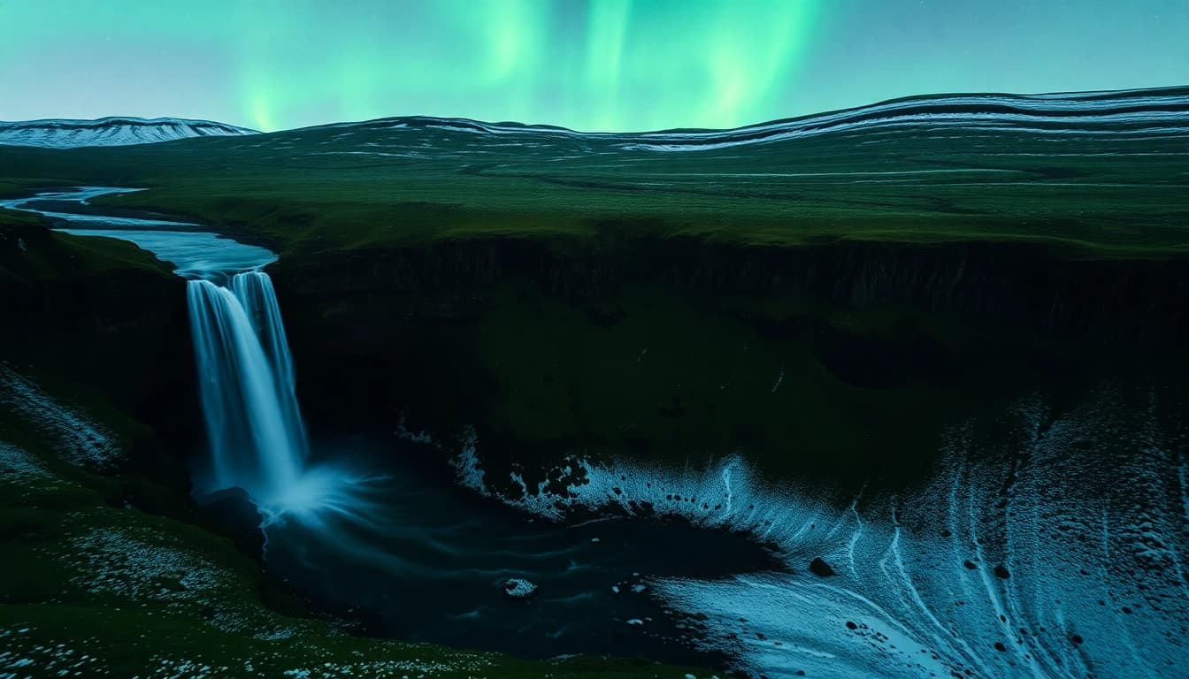 Erleben Sie die Magie einer Reise nach Island mit spektakulären Wasserfällen und Nordlichtern, die eine atemberaubende Landschaft formen.