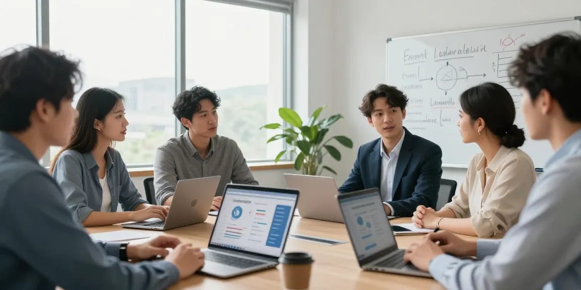 Team in modern Büro bespricht, wie man Führungsverhalten bewerten kann, mit klaren Feedback-Kriterien.