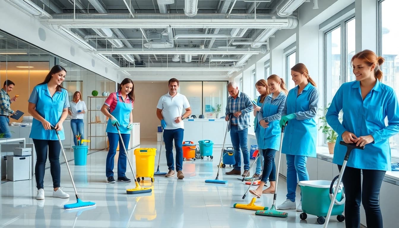 Effiziente Gebäudereinigung Ulm durch ein professionelles Reinigungsteam in einem modernen Büro.