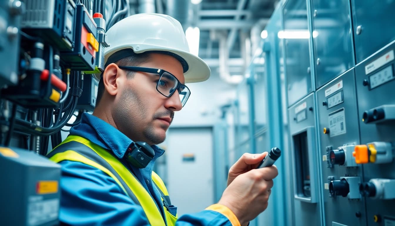 Engineer performing a safety check on electrical equipment in a bright, modern workplace.
