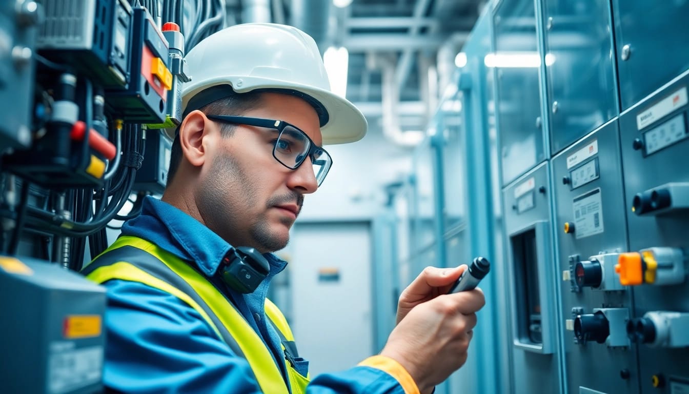 Engineer performing a safety check on electrical equipment in a bright, modern workplace.