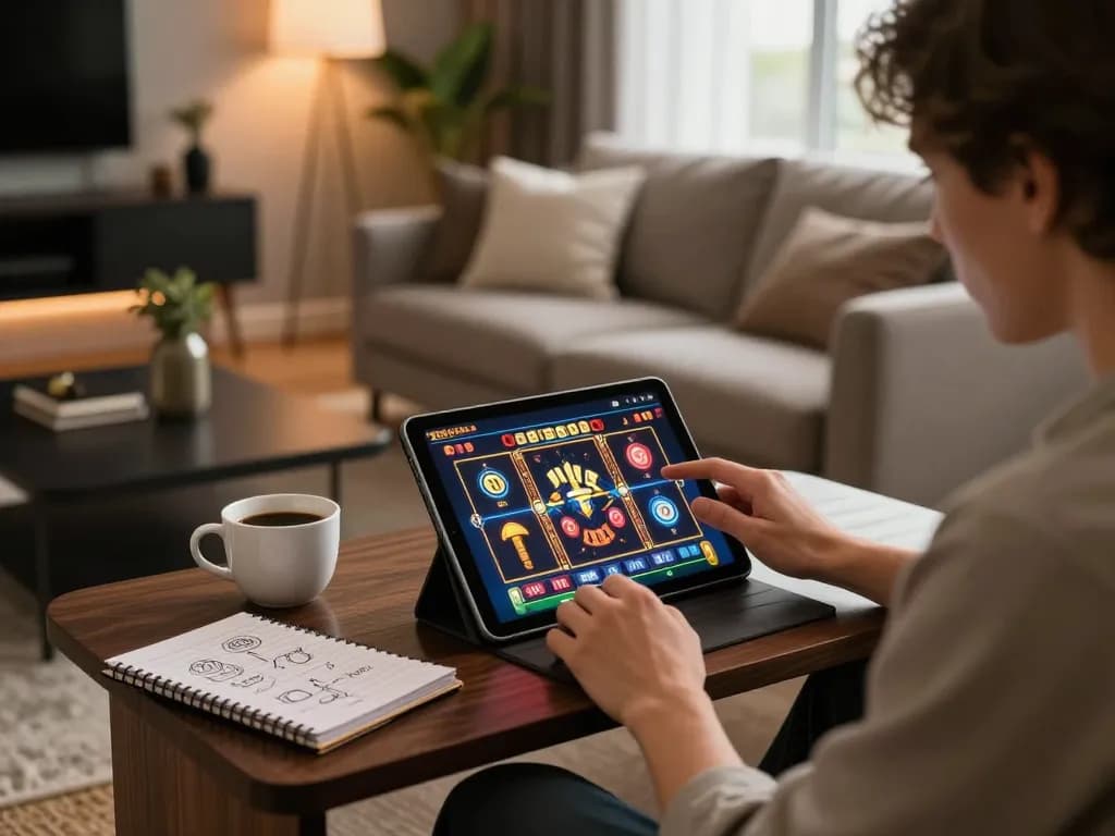 Engaging in fabet slots with strategic focus in a cozy modern living room