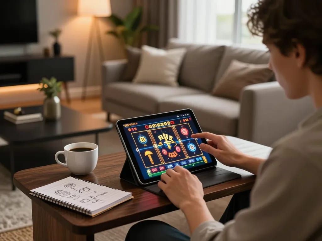 Engaging in fabet slots with strategic focus in a cozy modern living room
