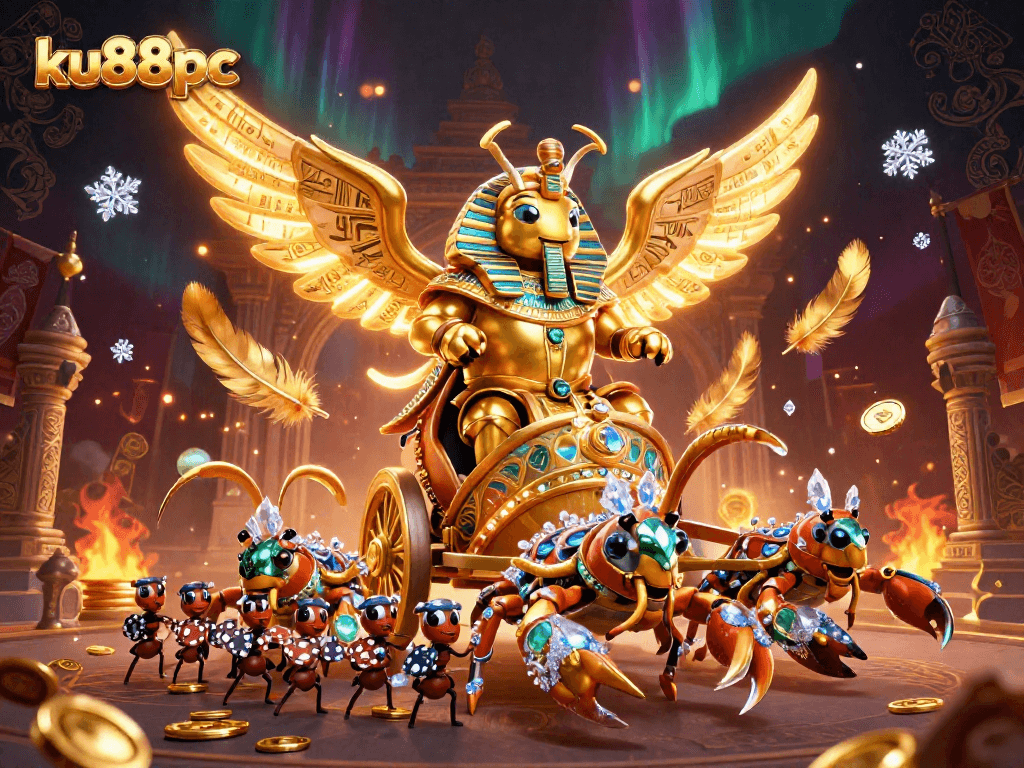 Engage with ku88pc through thrilling casino adventures featuring a golden scarab beetle and treasures.