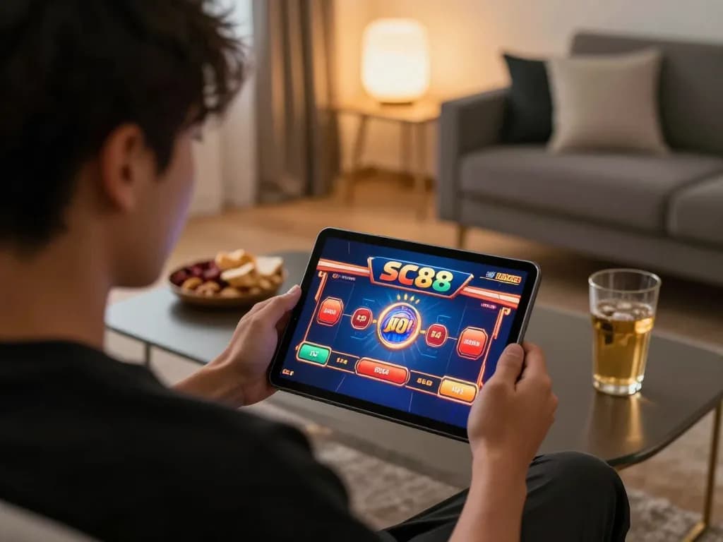 Player engaged in an exciting SC88 Game on their tablet in a cozy ambiance