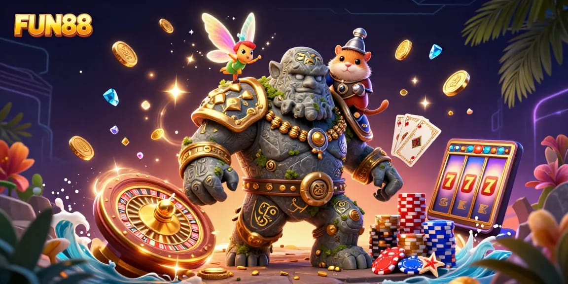 Engage with FUN88’s dynamic gaming experience featuring rich casino elements and magical characters.