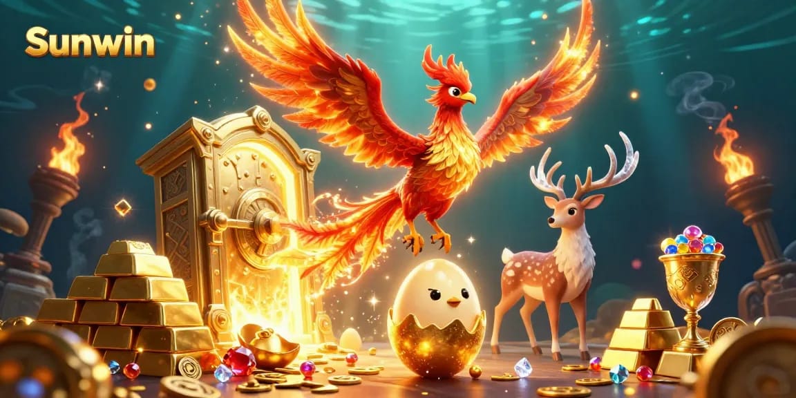 Experience an exciting moment at Sunwin with vibrant 3D casino characters amidst treasures.