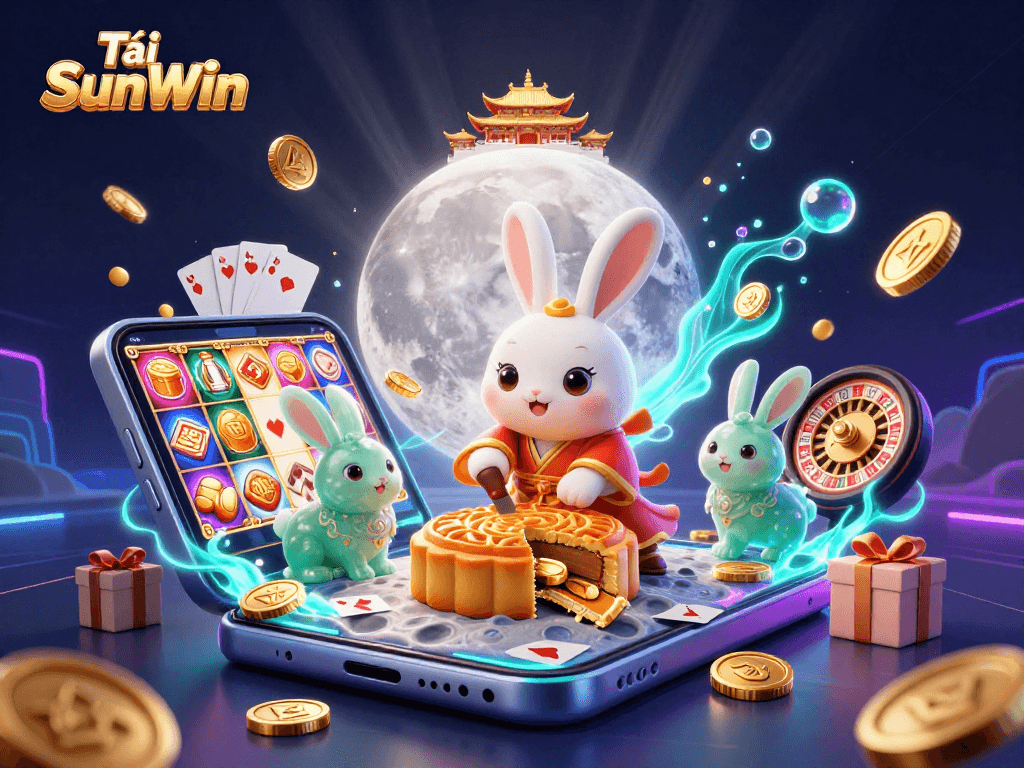 Tải SunWin features a 3D moon rabbit smashing mooncakes revealing poker chips, surrounded by gaming elements.