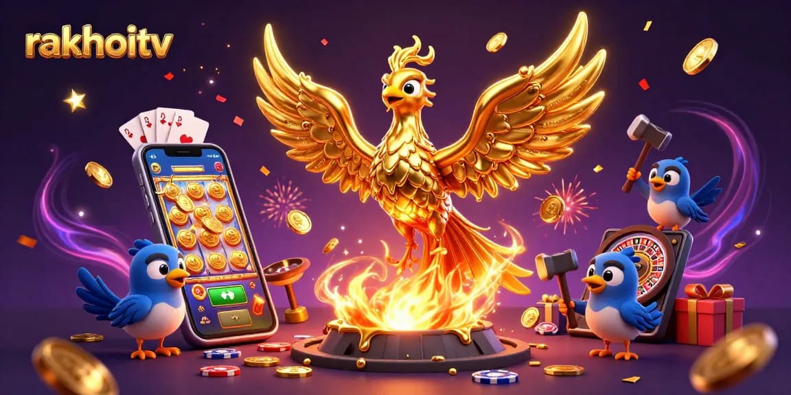 Experience the excitement of rakhoitv with a golden phoenix and dynamic gambling elements.